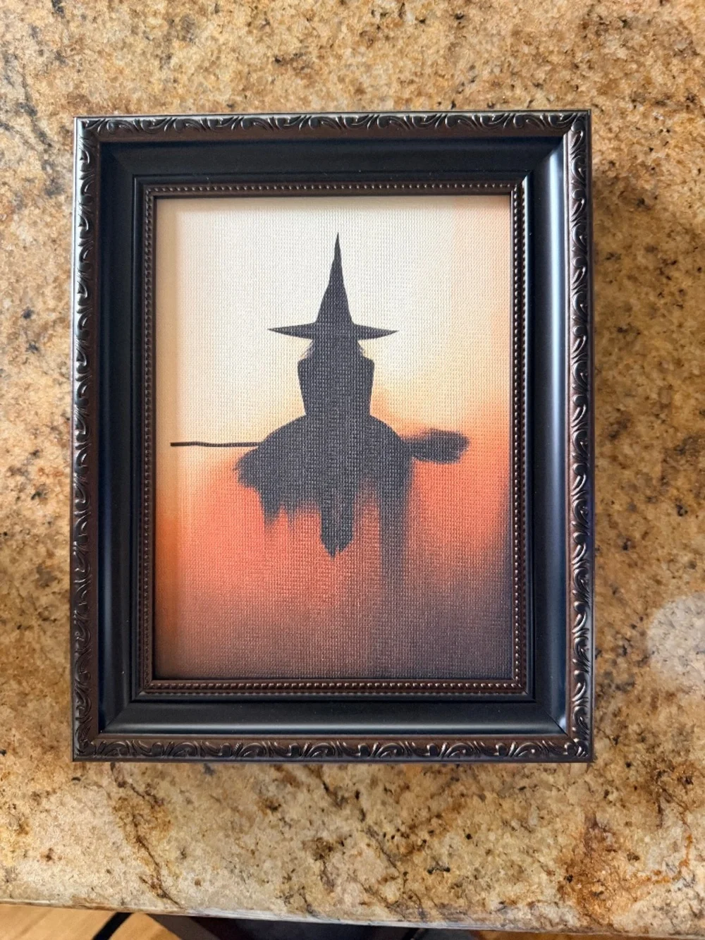 Framed vintage-style Halloween canvas with witch silhouette on broom 8 x 10 NEW